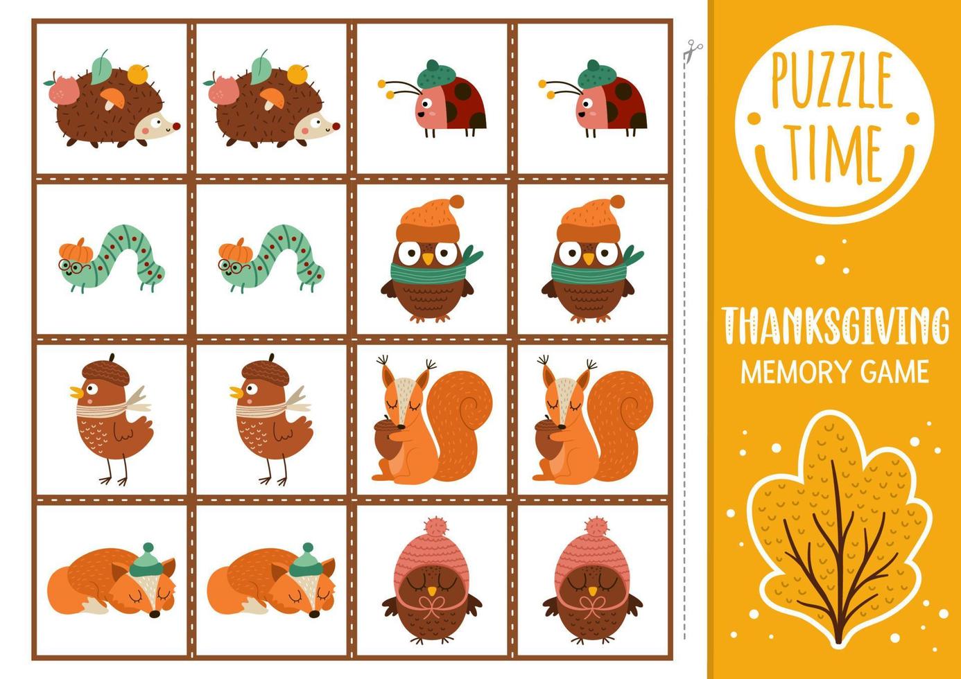Vector autumn forest memory game cards with cute animals, birds, insects. Fall matching activity. Remember and find correct card. Simple fall printable worksheet for kids with squirrel, owl