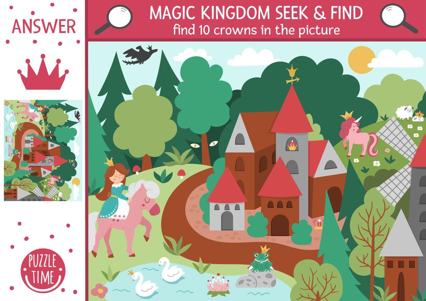 Vector fairytale searching game with medieval village landscape and princess. Spot hidden crowns in the picture. Simple fantasy seek and find magic kingdom educational printable activity for kids