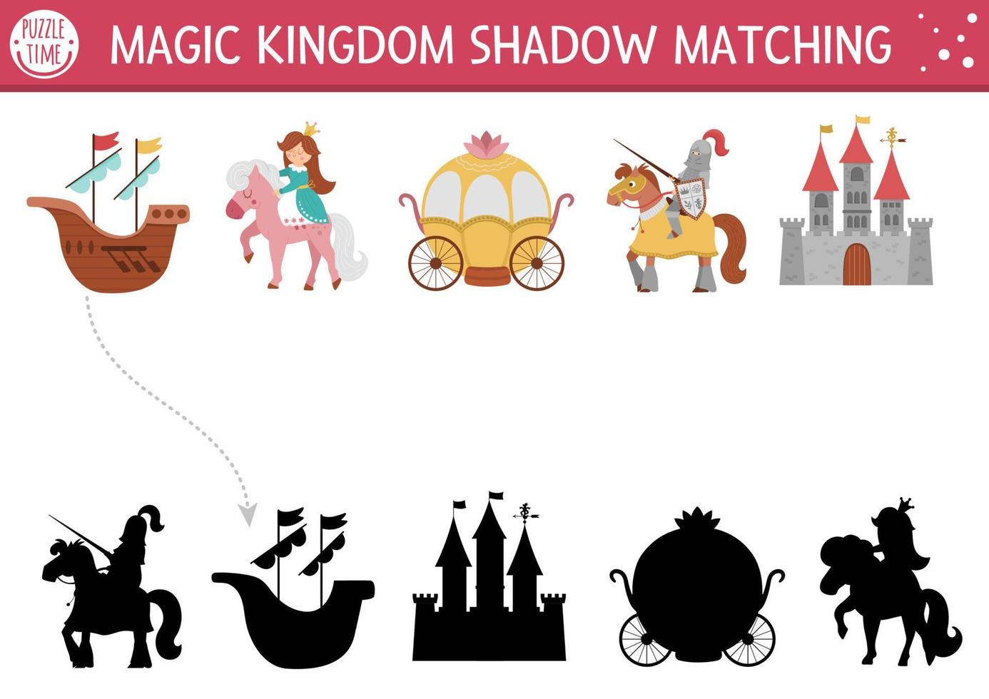 Fairytale shadow matching activity with castle, princess, knight. Magic kingdom puzzle with traditional symbols and characters. Find correct silhouette printable worksheet. Fairy tale page for kids vector