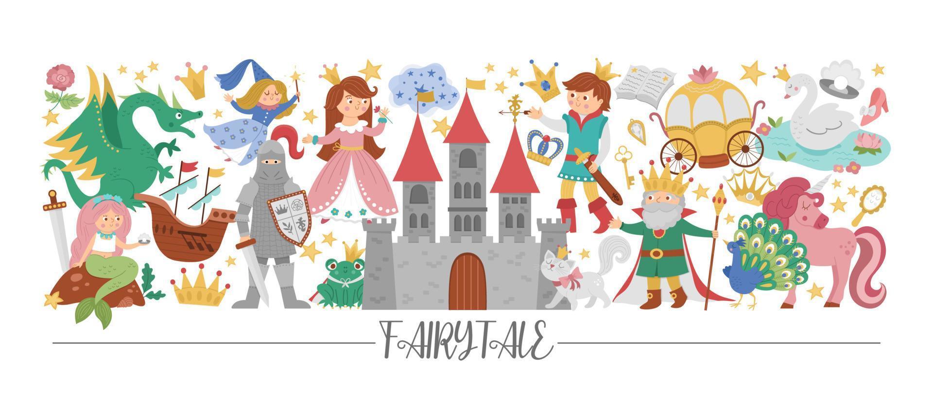 vector borde horizontal con lindos personajes y objetos de cuentos de hadas. diseño de plantilla de tarjeta de cuento de hadas con princesa y príncipe. lindo castillo de fantasía o borde del reino con elementos mágicos