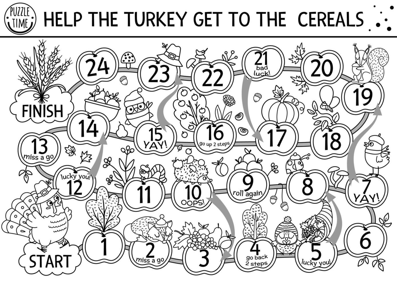 Thanksgiving Day black and white dice board game with cute turkey and forest animals. Autumn holiday line boardgame with pumpkin, harvest, trees. Fall outline activity or printable worksheet for kids. vector