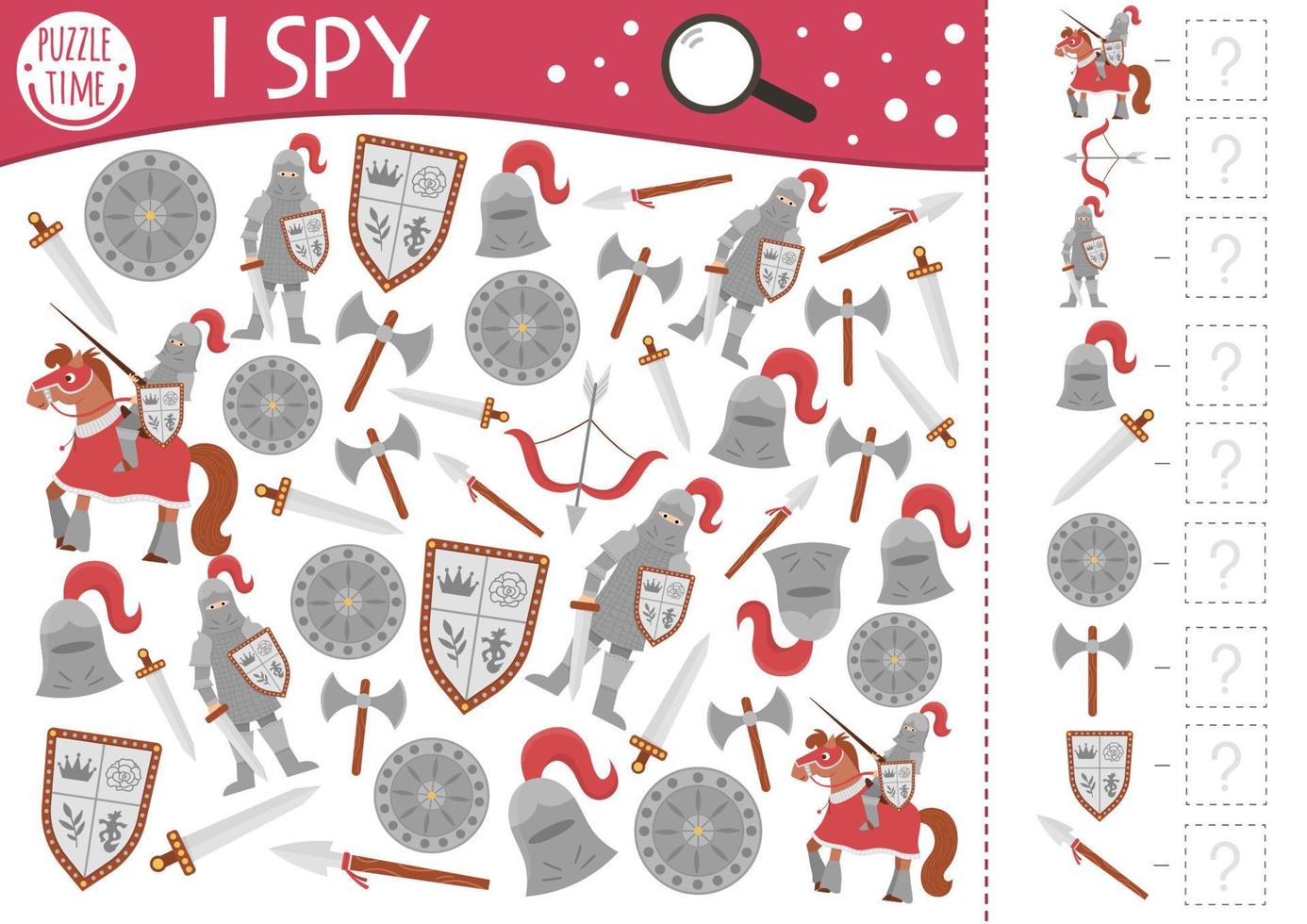 Fairytale fantasy I spy game for kids with knight armor. Searching and counting activity with helmet, horse, sward. Magic kingdom printable worksheet. Simple fairy tale spotting puzzle vector