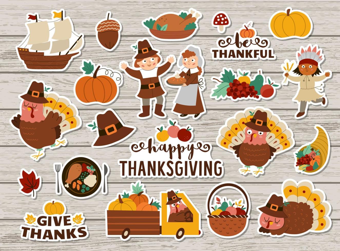 Vector Thanksgiving stickers set. Autumn patches collection with cute turkey, pilgrims, pumpkins on wooden background. Fall holiday patches pack with harvest, fruit, vegetables