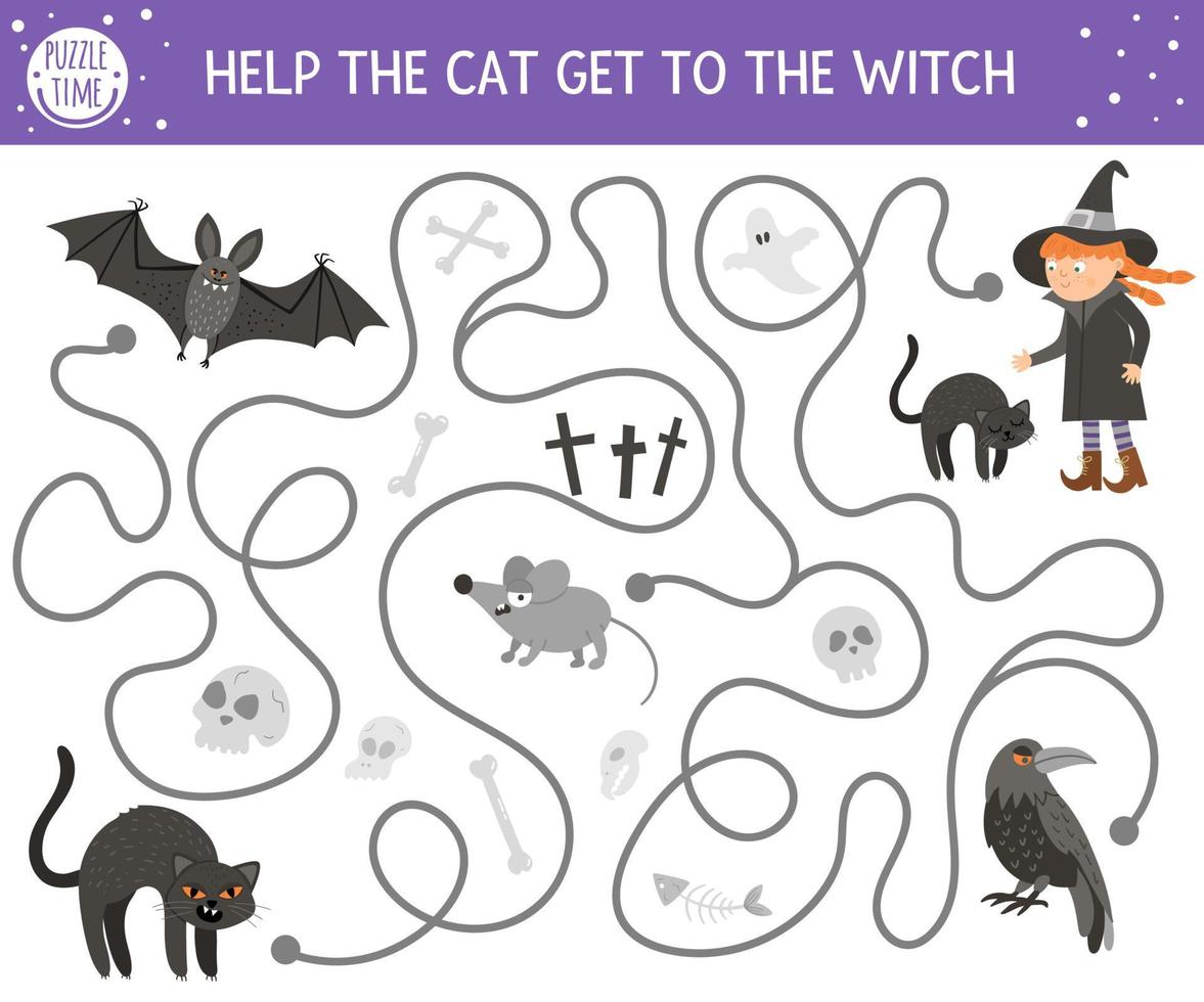 Halloween maze for children. Autumn preschool printable educational activity. Funny day of the dead game or puzzle with black kitten, bat, mouse. Help the cat get to the witch vector