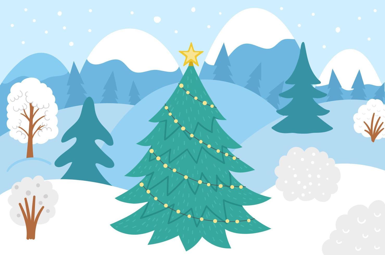 Vector winter forest background with trees, snow, mountains. Funny woodland Christmas scene with. Flat New Year landscape illustration for children.
