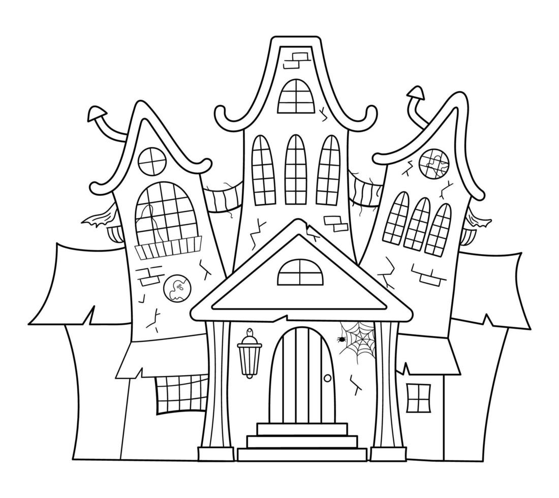 vector casa embrujada ilustración en blanco y negro. Página para colorear de cabaña espeluznante de Halloween para niños. diseño de tarjeta o invitación de fiesta de samhain aterrador.