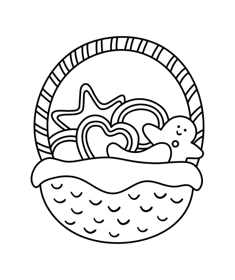 vector cesta en blanco y negro con pan de jengibre decorado aislado sobre fondo blanco. linda ilustración divertida de pastelería de año nuevo. icono de línea de postre tradicional navideño