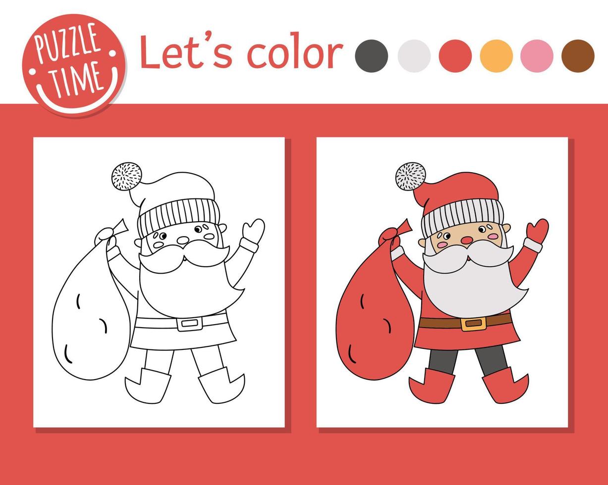 Christmas coloring page for children. Funny Santa Claus. Vector winter holiday outline illustration with Santa. New Year party color book for kids with colored example