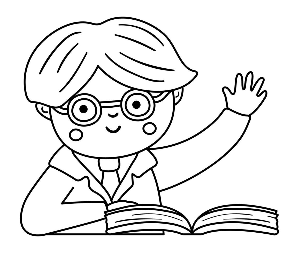 Vector black and white happy schoolboy with hand up. Elementary contour school classroom illustration. Outline clever kid in glasses at the lesson. Line boy ready to answer