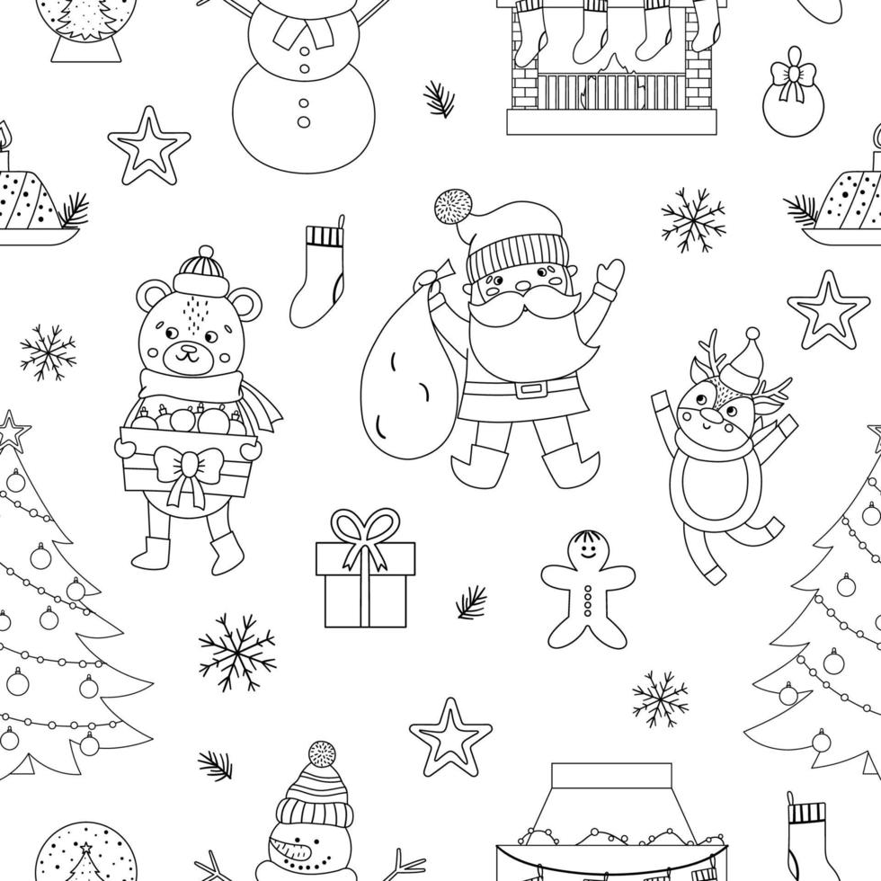 Vector black and white seamless pattern with Christmas elements, Santa Claus in red hat with sack, deer, fir tree, presents. Cute funny line New Year repeating background.