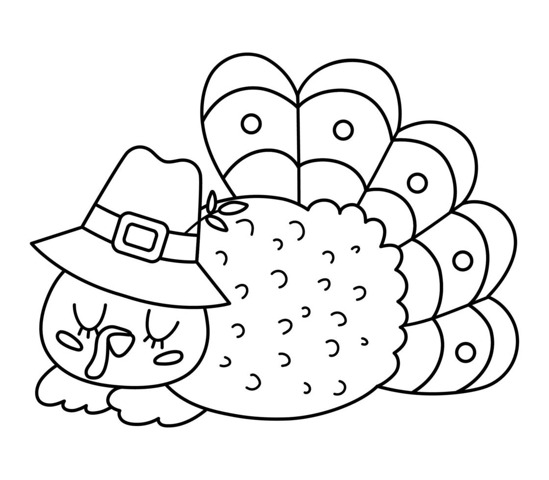 Vector black and white Thanksgiving turkey in pilgrim hat. Autumn bird line icon. Outline fall holiday sleeping animal with closed eyes isolated on white background.