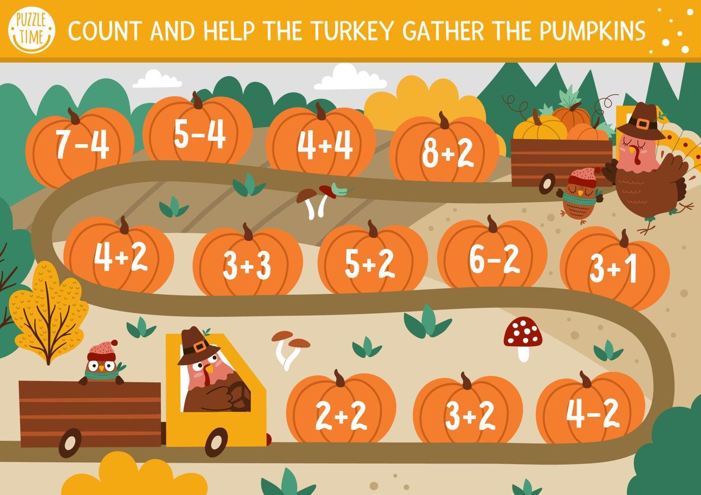 Thanksgiving Day counting dice board game for children with cute turkey driving a car with pumpkins. Autumn holiday boardgame with numbers. Fall math activity or printable worksheet for kids. vector