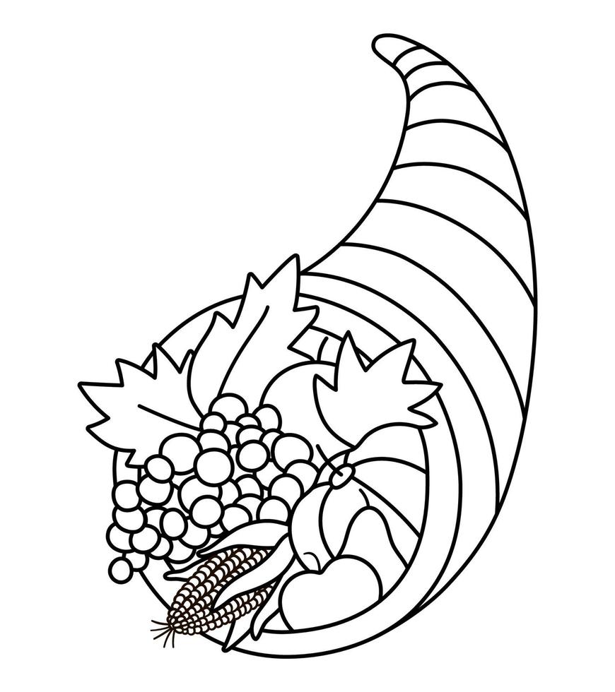 Vector cornucopia line icon. Fruit and vegetable arrangement. Outline harvest and wealth symbol with apples, pumpkin, carrot. Autumn Thanksgiving Day horn clipart. Fall season harvest illustration