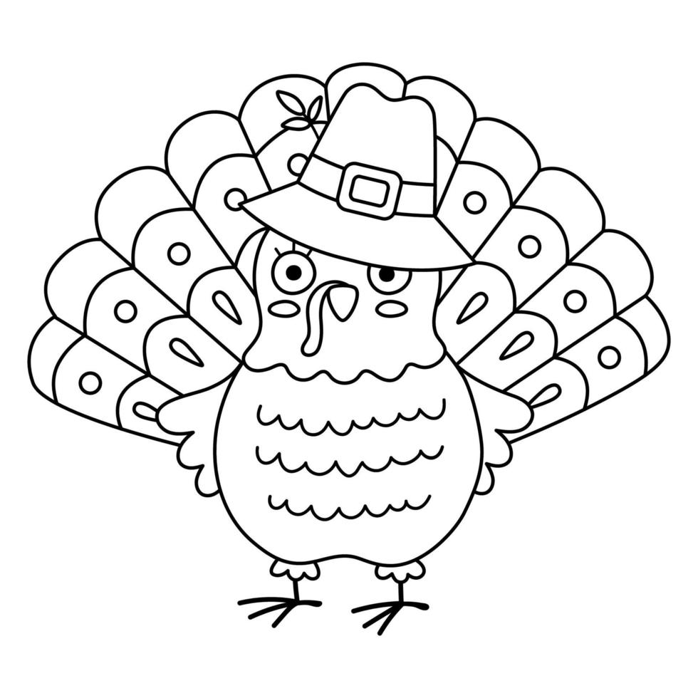 Vector black and white Thanksgiving turkey in pilgrim hat. Autumn bird line icon. Outline fall holiday animal isolated on white background.