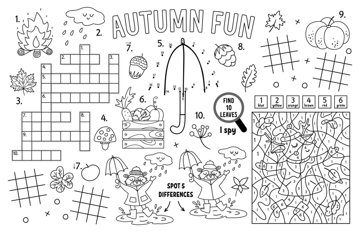 Vector autumn placemat for kids. Fall printable activity mat with maze, tic tac toe charts, connect the dots, find difference, crossword. Black and white play mat or coloring page with animals