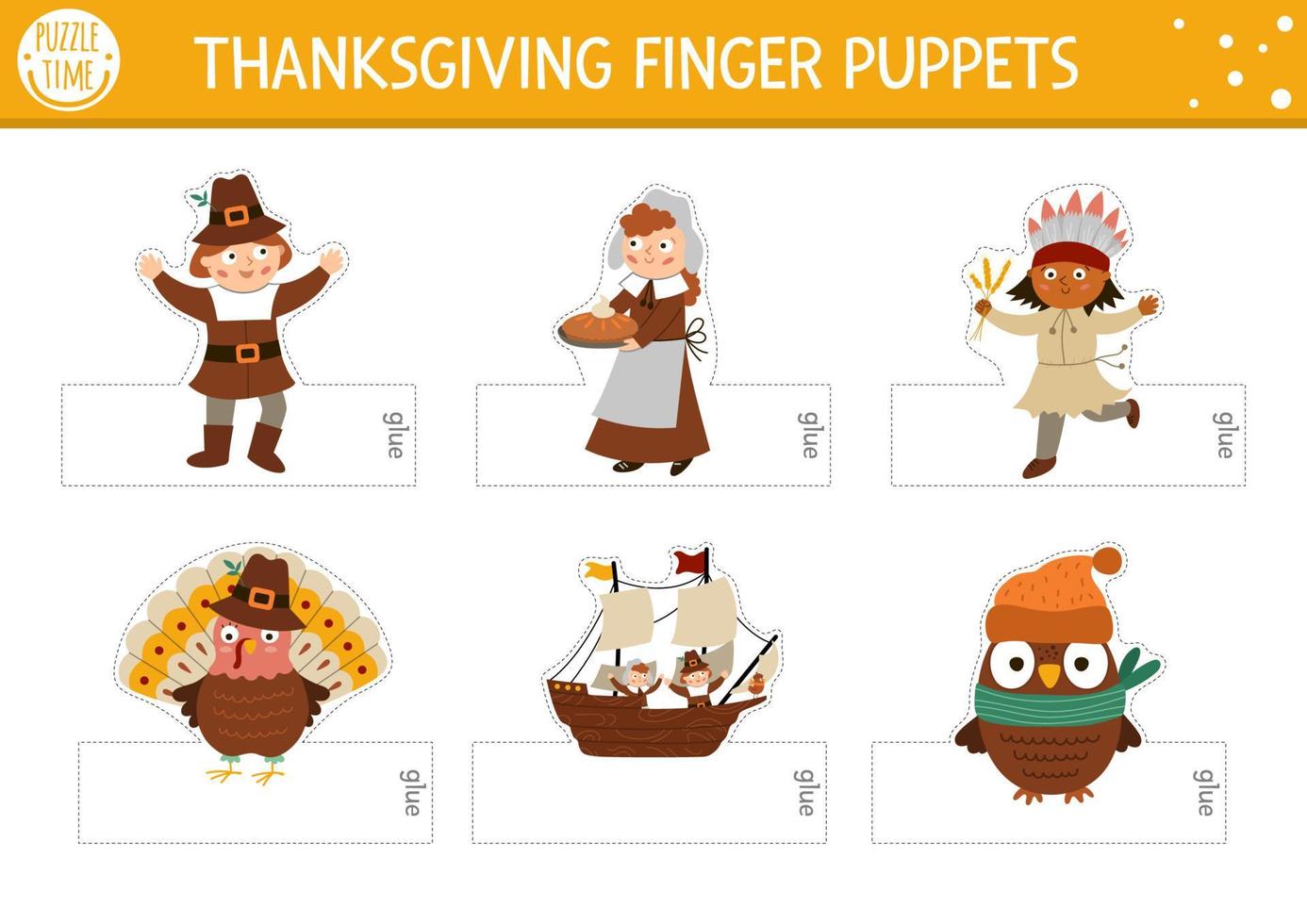 Vector Thanksgiving finger puppets set. Cute paper doll turkey, pilgrim, native American Indian, owl for kids. Autumn Fall holiday cut out craft cards. Simple educational printable game.