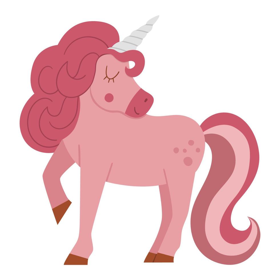 Fairy tale pink unicorn isolated on white background. Vector fantasy animal. Medieval fairytale horse character. Cartoon magic icon