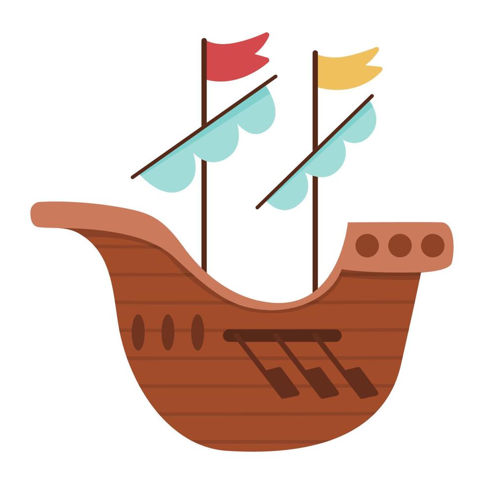 vector barco medieval con remos y velas. icono de barco de cuento de hadas aislado sobre fondo blanco. buque histórico. ilustración de transporte de agua de cuento de hadas