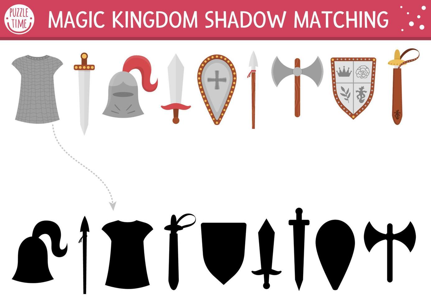 Fairytale shadow matching activity with sward, shield, helmet. Magic kingdom puzzle with traditional knight armor. Find correct silhouette printable worksheet or game. Fairy tale page for kids vector