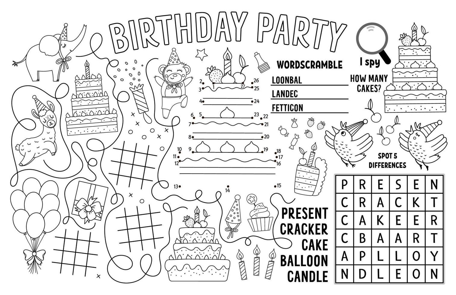 Vector Happy Birthday placemat for kids. Holiday party printable activity mat with maze, tic tac toe charts, connect the dots, find difference. Black and white play mat or coloring page