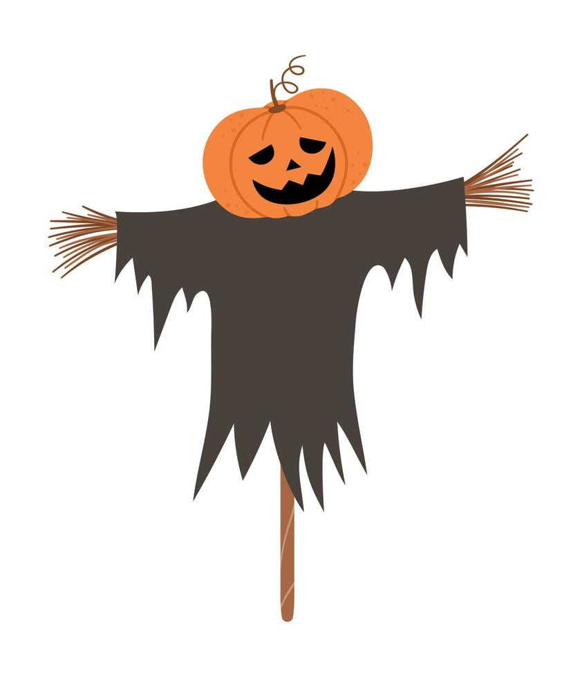 lindo espantapájaros vector con calabaza en lugar de cabeza. icono de personaje de halloween. Ilustración de la víspera de todos los santos de otoño con jack-o-lantern. diseño de cartel de fiesta samhain para niños.
