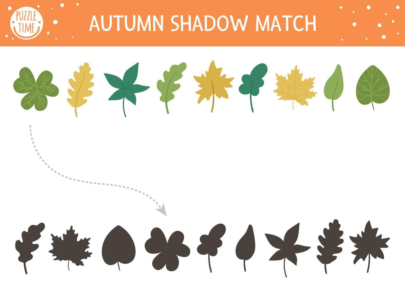 Autumn shadow matching activity for children. Fall season puzzle with cute plants. Simple educational game for kids with leaves. Find the correct silhouette printable worksheet. vector