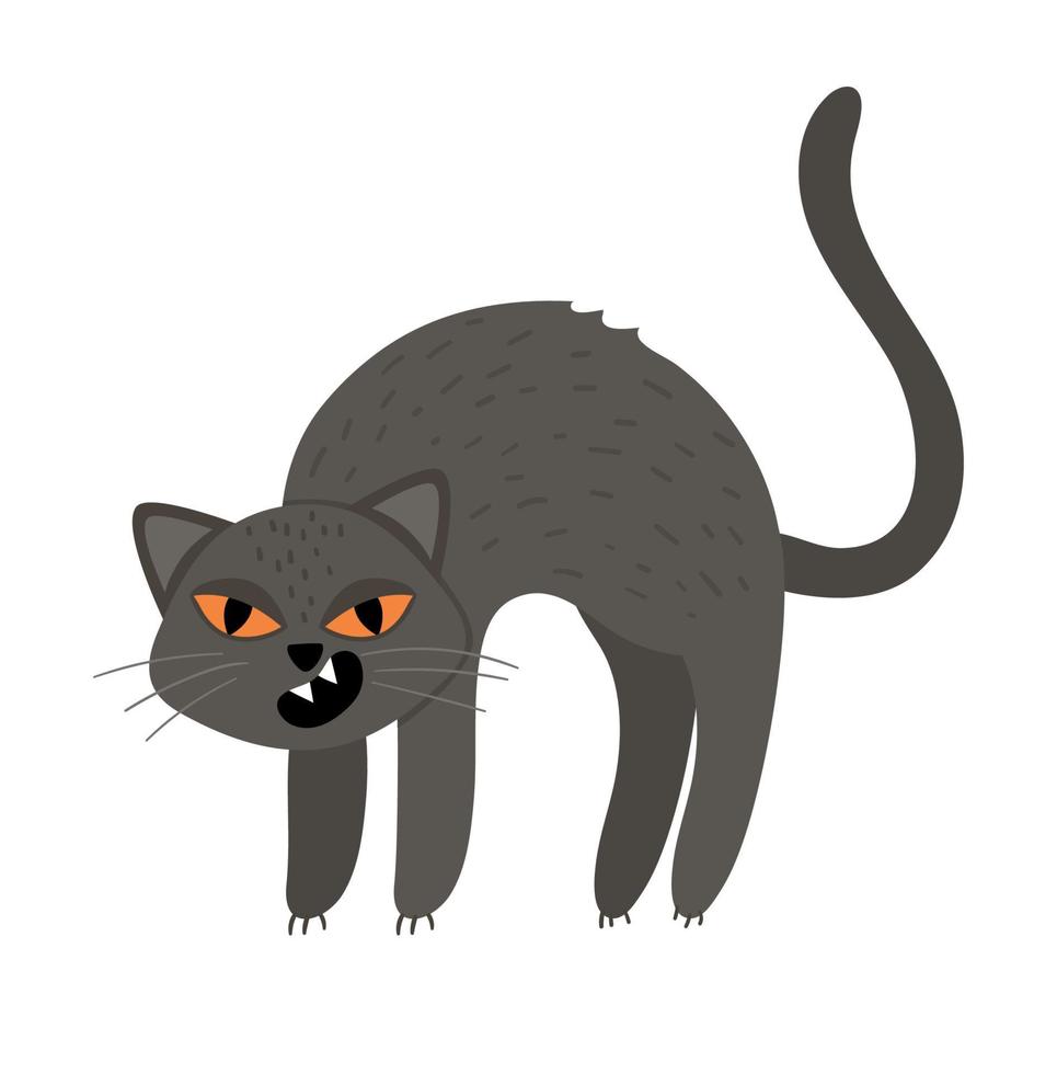 Cute vector black cat with arched spine and orange eyes. Halloween character icon. Funny autumn all saints eve illustration with scary animal. Samhain party sign design for kids.