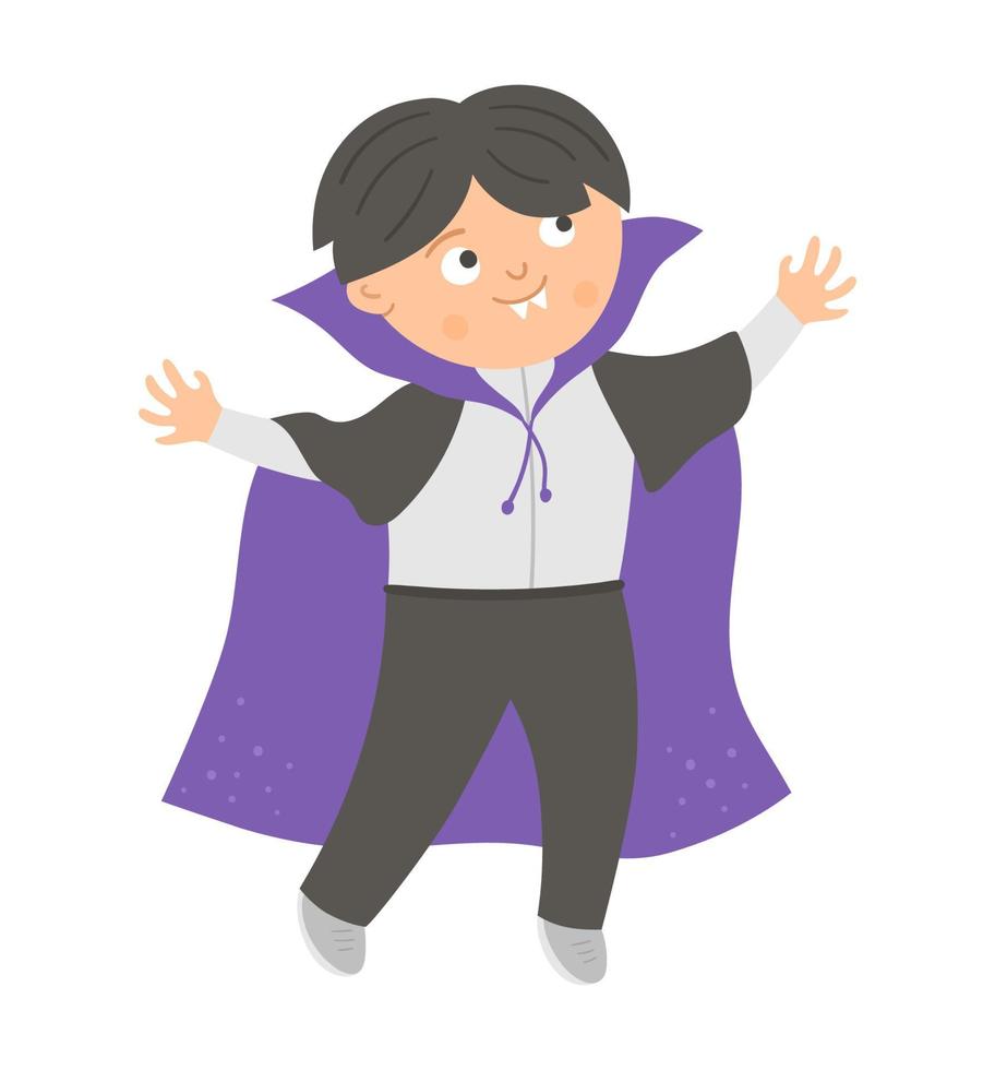 Boy dressed like a vampire. Cute vector Halloween kid character. Child in scary Dracula costume. Funny autumn all saints eve illustration. Samhain dress party design.