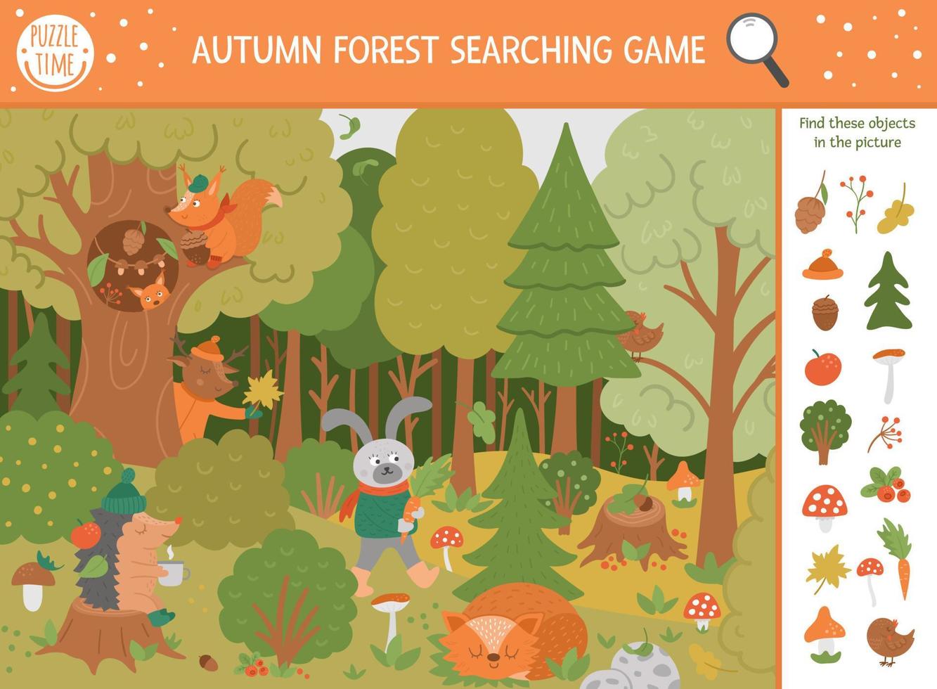 Vector autumn searching game with cute woodland animals. Find hidden objects in the forest. Simple fun educational fall season printable activity for kids with mushrooms, berries, plants