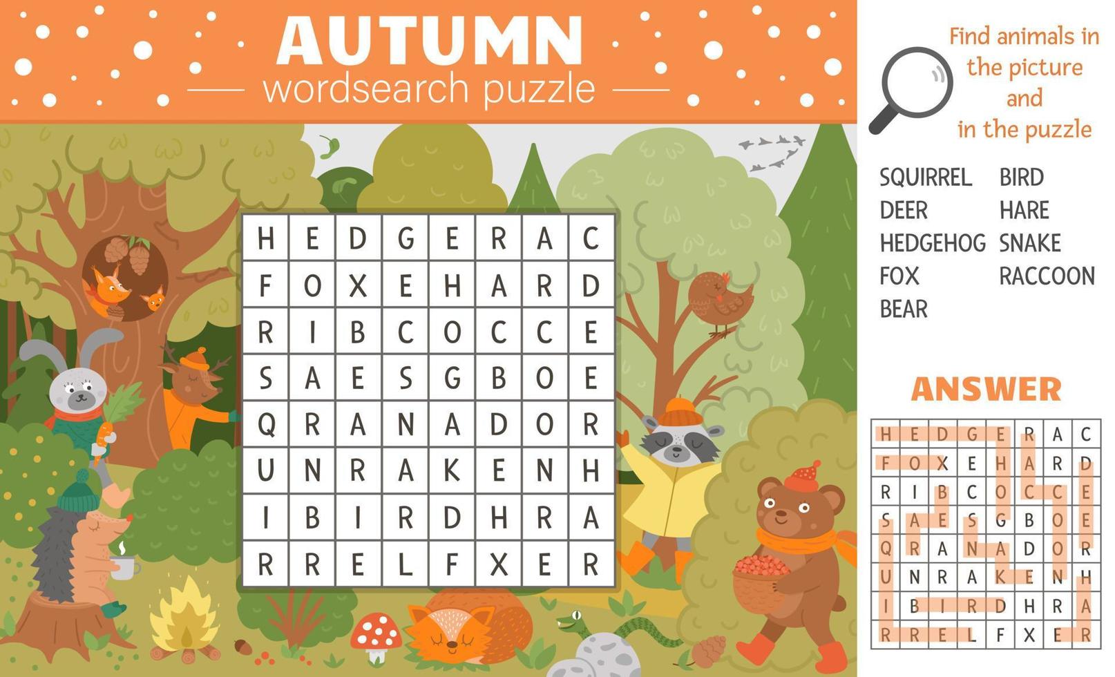 vector de sopa de letras de la temporada de otoño para niños. crucigrama simple con escena de otoño y animales del bosque escondidos para niños. actividad educativa de palabras clave con lindos y divertidos animales del bosque