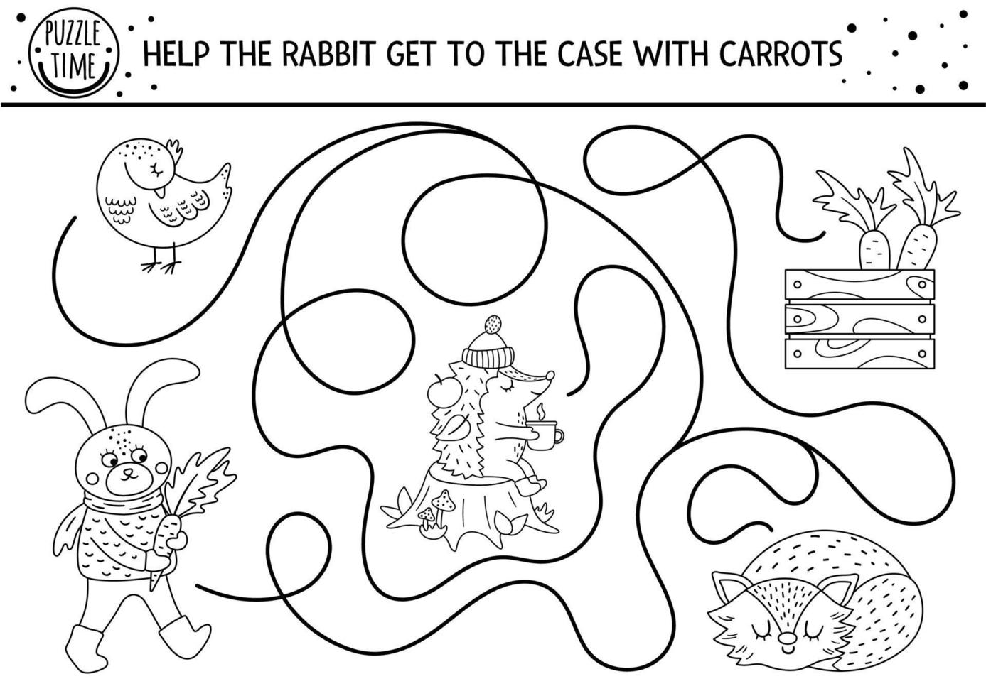 Autumn black and white maze for children. Preschool printable activity or coloring page. Funny fall season puzzle with cute woodland animal. Help the rabbit get to carrots. Forest line game vector