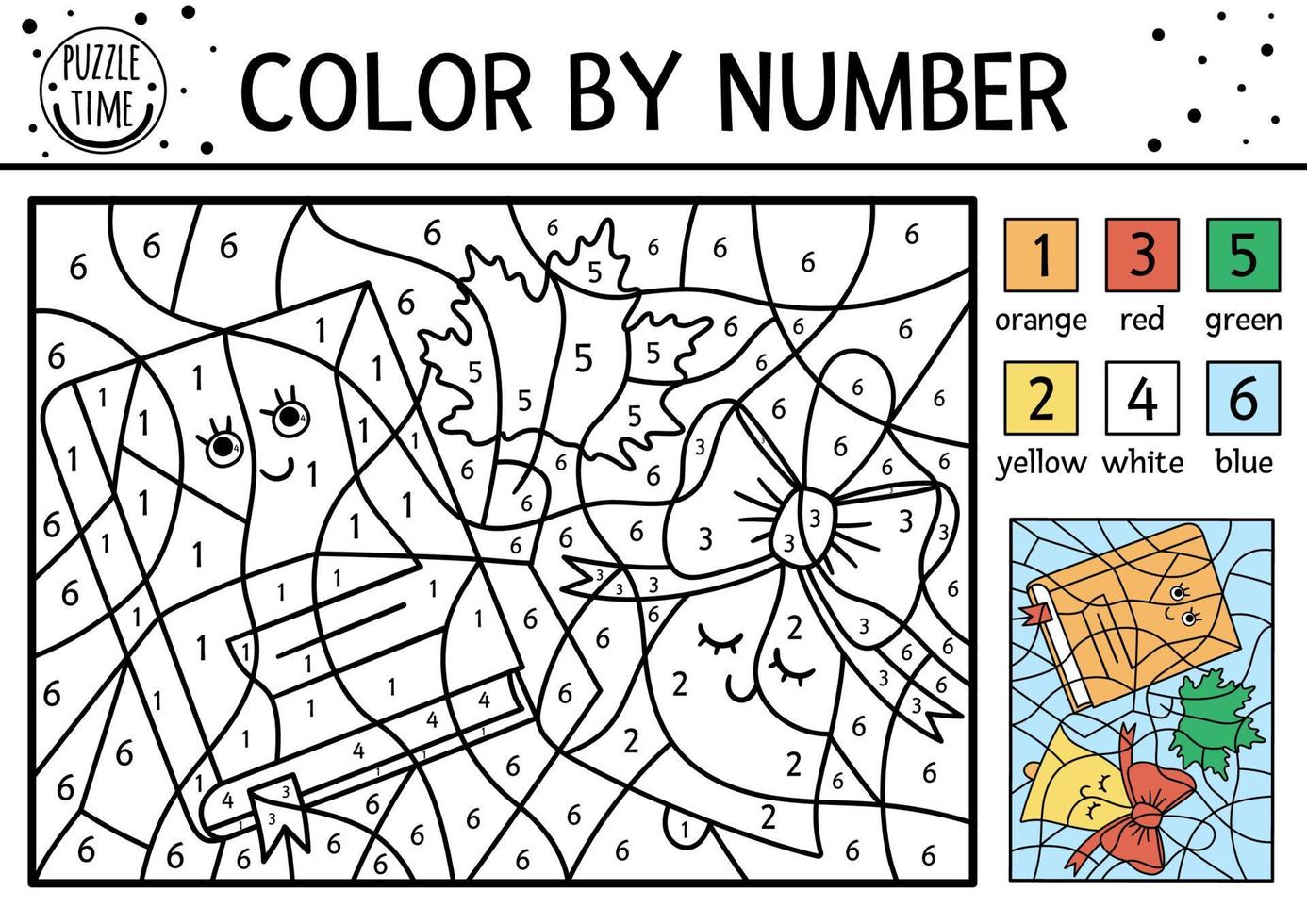 Vector color by number activity with cute kawaii book, bell and maple leaf. Back to school coloring and counting game with comic characters. Funny autumn coloration page for kids.