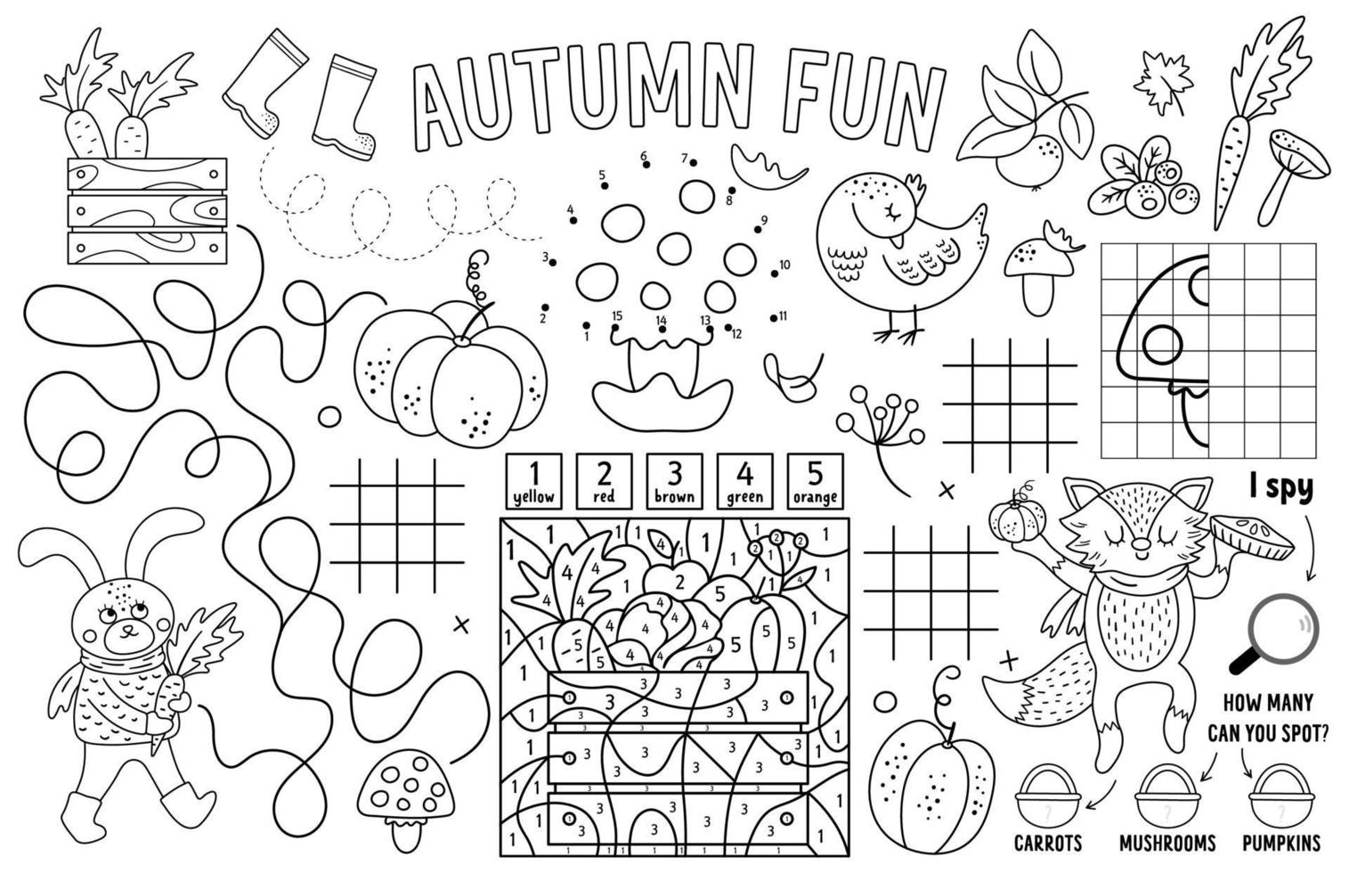 vector mantel de otoño para niños. tapete de actividades imprimible de otoño con laberinto, gráficos de tic tac toe, conecta los puntos, encuentra la diferencia, crucigrama. alfombra de juego en blanco y negro o página para colorear con animales