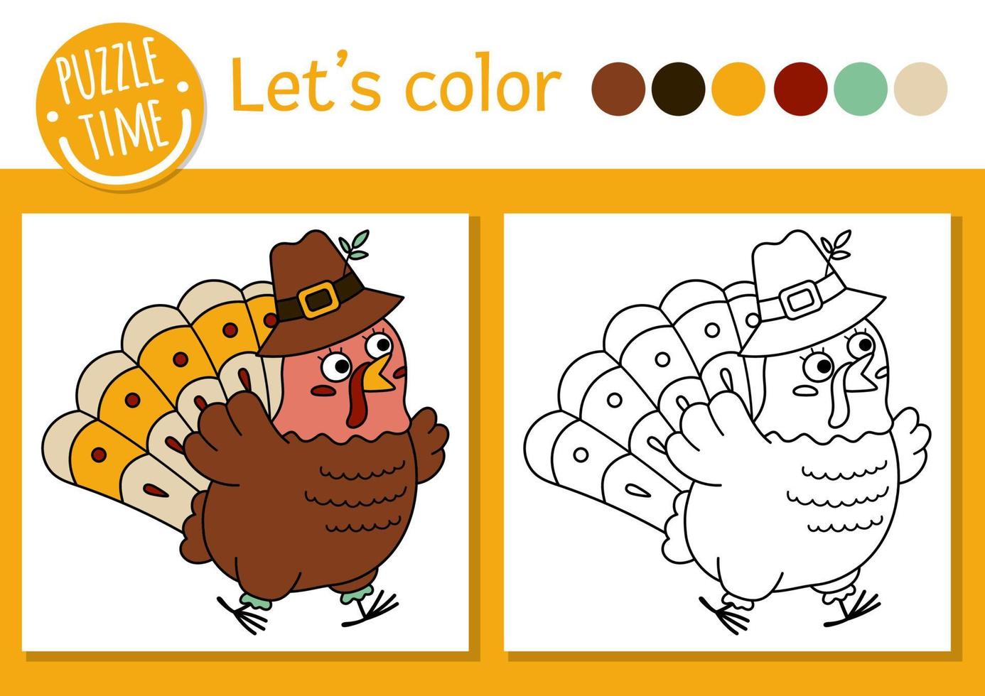 Thanksgiving coloring page for children with turkey. Vector autumn holiday outline illustration with cute bird. fall color book for kids with colored example. Drawing skills printable worksheet