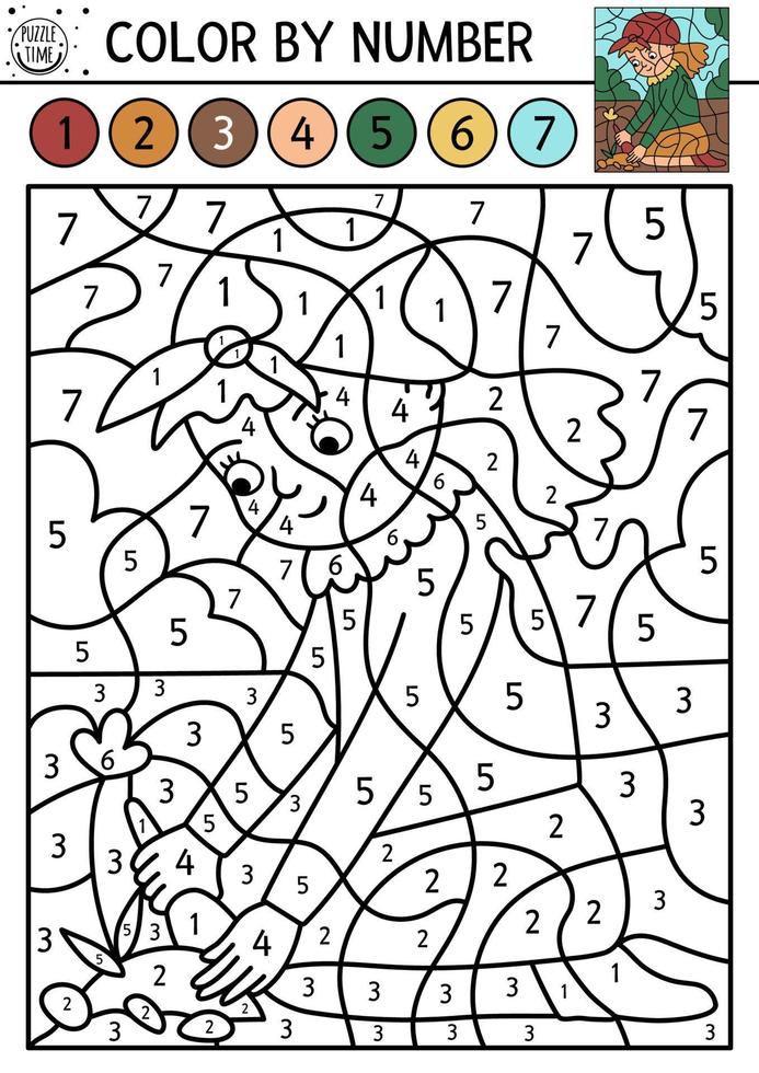 Vector spring color by number activity with girl planting flower. Garden counting game with cute child. Funny farm or nature scene coloring page for kids.