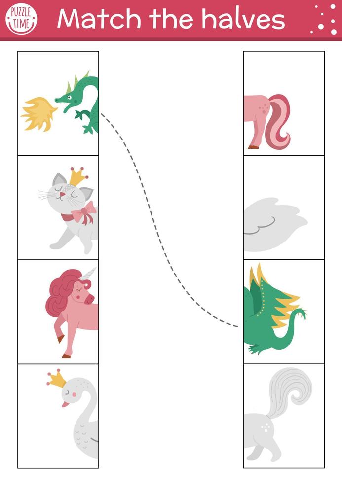 Fairytale connect the halves worksheet.  Matching game for preschool children with fantasy creatures. Match heads and tails activity with dragon, unicorn, cat, swan. vector