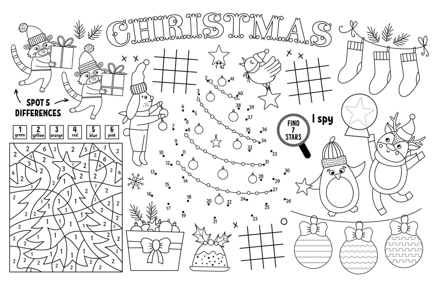 Vector Christmas placemat for kids. Winter holiday printable activity mat with maze, tic tac toe charts, connect the dots, find difference. Black and white New Year play mat or coloring page