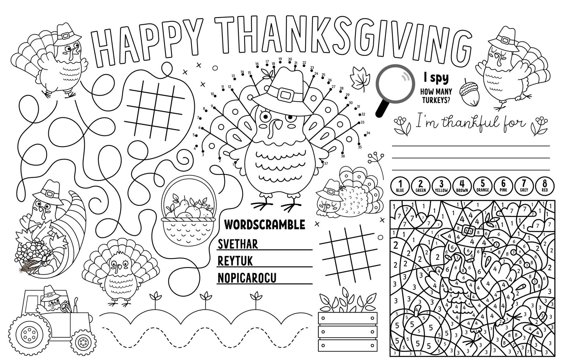 Vector Thanksgiving placemat for kids. Fall holiday printable ...