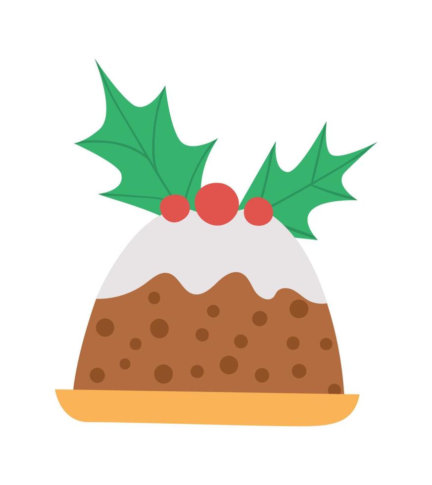 Vector de pudín de Navidad con hojas sagradas y frutos rojos aislados sobre fondo blanco. linda ilustración divertida de pastelería de año nuevo. icono de postre tradicional de invierno