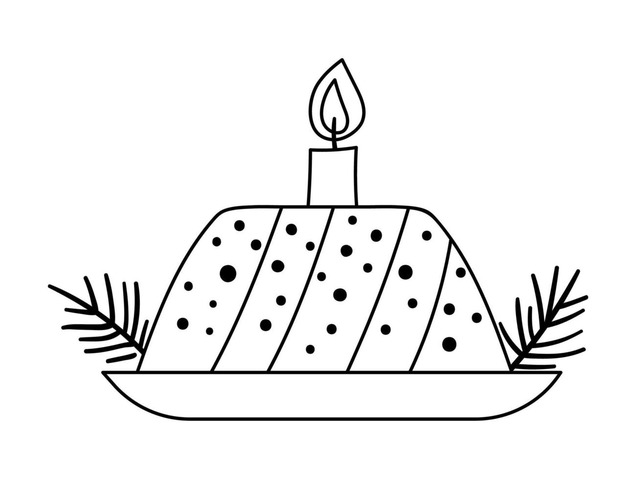 Vector pastel de Navidad en blanco y negro con ramitas de coníferas y velas aisladas sobre fondo blanco. linda ilustración divertida de pastelería de año nuevo. icono de línea de postre tradicional de invierno