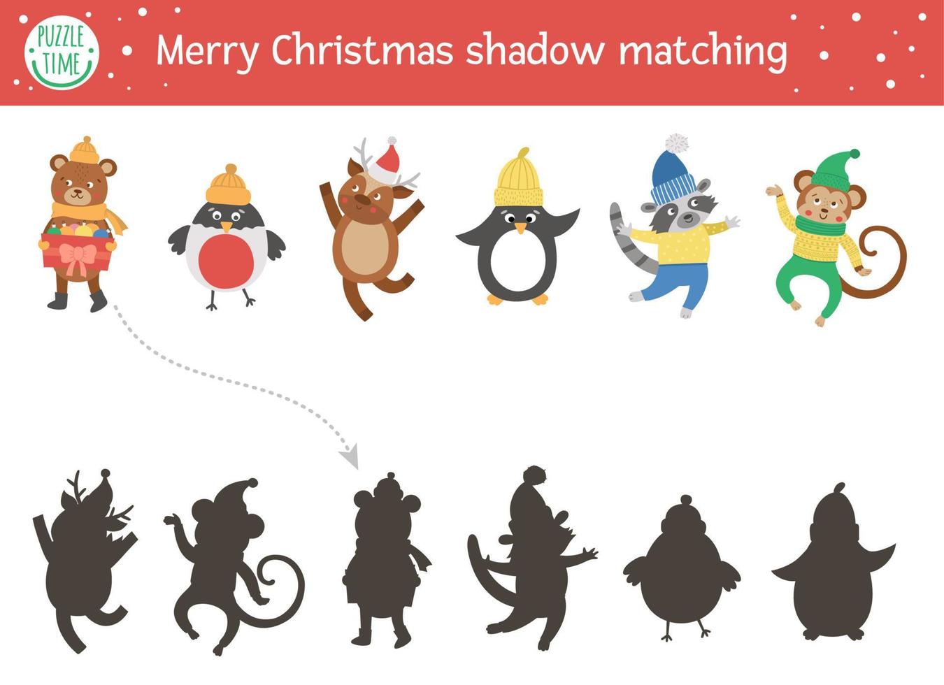 Christmas shadow matching activity for children. Winter puzzle with cute animals in warm clothes. New Year educational game for kids. Find the correct silhouette printable worksheet. vector