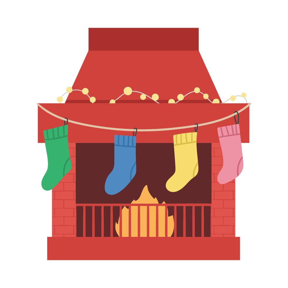 linda chimenea de colores con medias y guirnalda. Ilustración navideña de chimenea con calcetines con regalos. icono de celebración de vacaciones de invierno. impresión divertida de año nuevo. vector