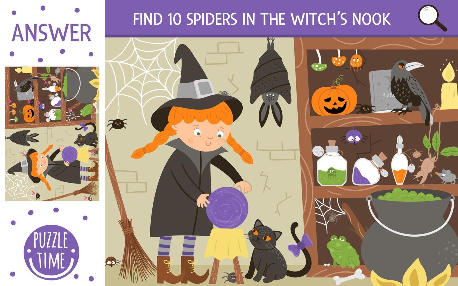 Vector Halloween searching game with cute witch and potion ingredients. Find hidden spiders in the witch nook. Simple fun educational autumn printable activity for kids