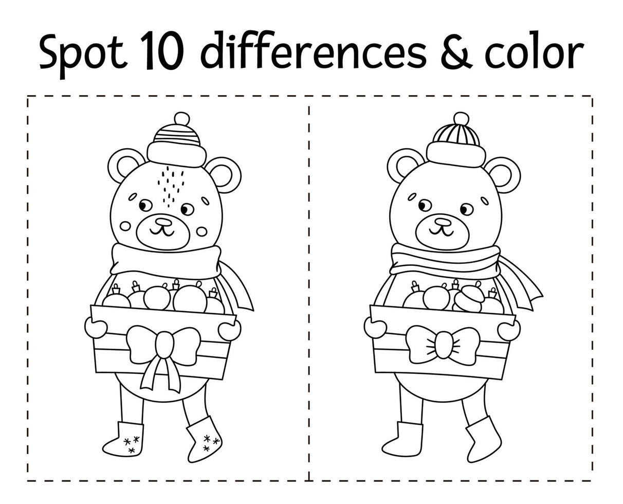 Christmas find differences and color game for children. Winter black and white educational activity with funny bear. Printable worksheet with smiling character. Cute New Year coloring page for kids vector