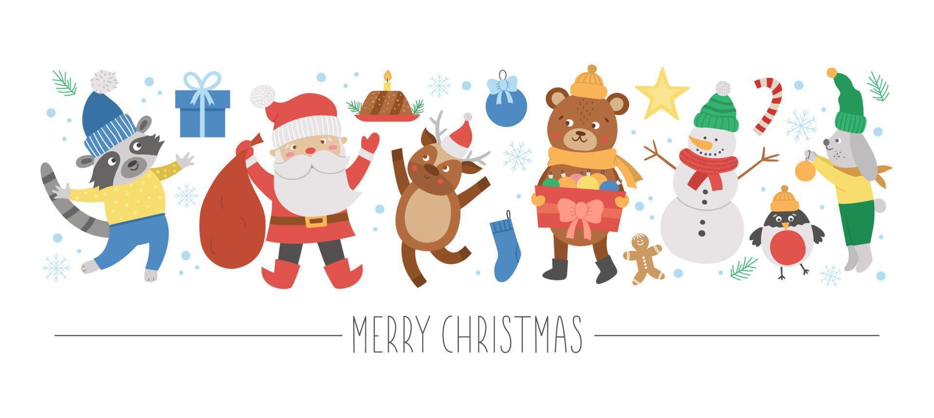 Vector horizontal set with flat Christmas characters and elements. Card template design with Santa Claus, funny animals, snowman, present. Cute winter or new year border.