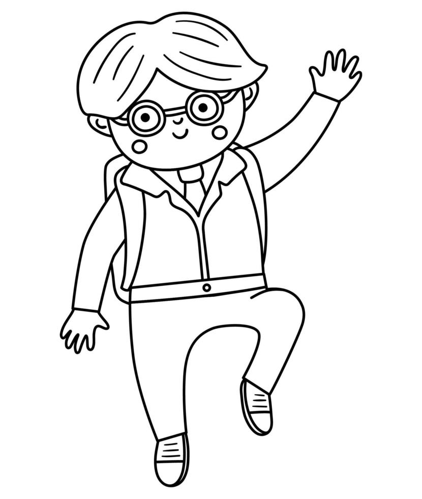 Vector black and white happy boy jumping with joy with hands up. Outline back to school character illustration. Funny pupil in uniform with schoolbag line icon