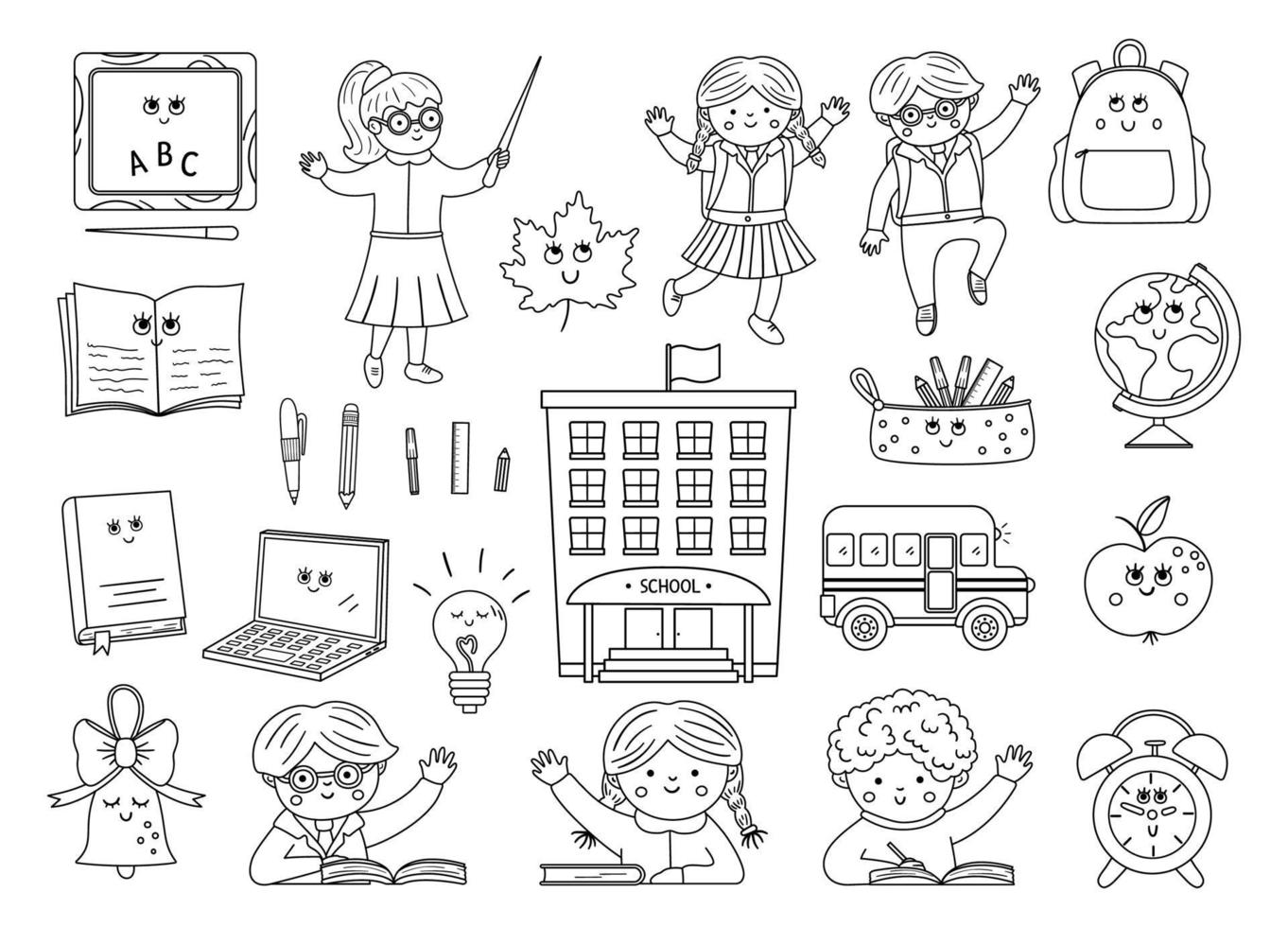 Back to school black and white kawaii vector set of elements. Educational clipart collection with cute line smiling objects.  Funny outline teacher and pupils illustration for kids.