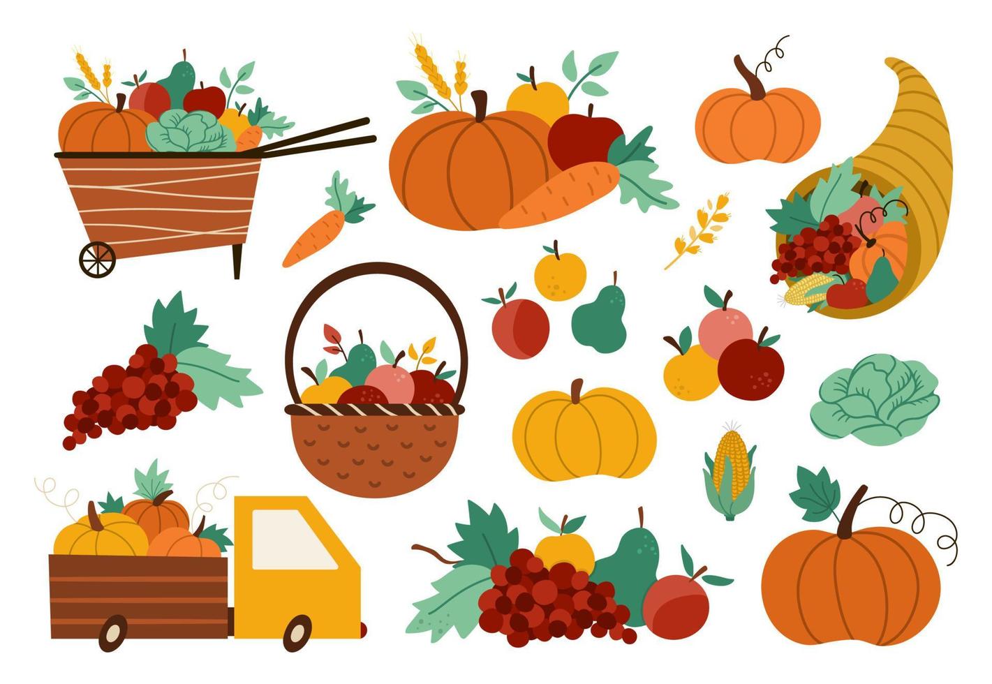 conjunto de cosecha de otoño. vector colección de hortalizas, frutas y bayas con calabazas, zanahoria, manzana, repollo, maíz, pera, uvas. divertida ilustración de otoño con canasta, camión, carretilla, cuerno de la abundancia