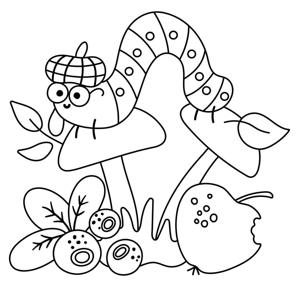 Black and white caterpillar in hat and glasses on mushroom. Vector outline autumn scene with cute insect. Fall season woodland scenery or coloring page. Funny forest line illustration.