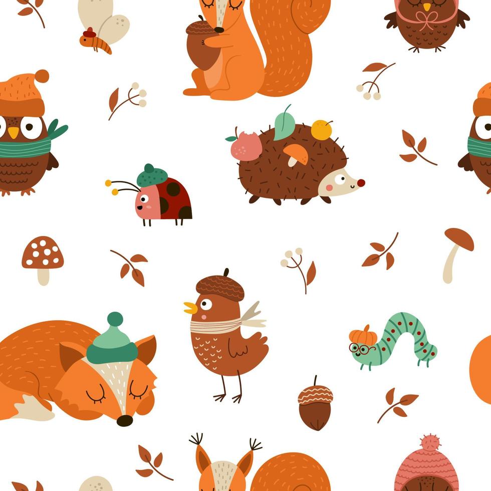 vector otoño bosque animales e insectos de patrones sin fisuras. lindo fondo de repetición con erizo, ardilla, zorro, pájaro, búho con sombrero y bufanda. vector otoño o acción de gracias personajes papel digital